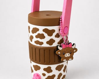 Highland Cow Can Cooler with Soda Tab Opener Keychain | Cow Print Drink Holder