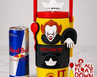 Enfriador de latas de payaso de terror con pajita y llavero / Soporte para latas estándar o delgadas de 355 ml / Enfriador de bebidas impreso en 3D / Regalo de terror espeluznante