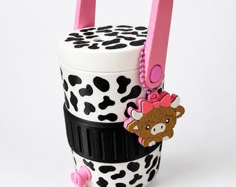 Pink Cow Print Can Cooler with Tab Opener Charm | 12oz Drink Sleeve (3D Printed)