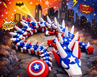 3D Printed Patriotic Articulated Dragon: Red, White, and Blue Fidget Desk Toy