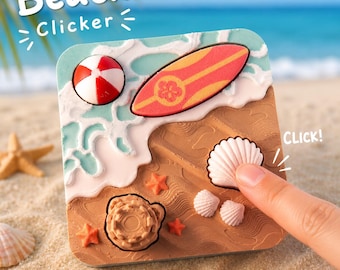 Beach Fidget Clicker | Ocean Sensory Toy | Beach-Themed Desk Fidget | Clickable Sandcastle Surfboard Seashell | 3D Printed Gift
