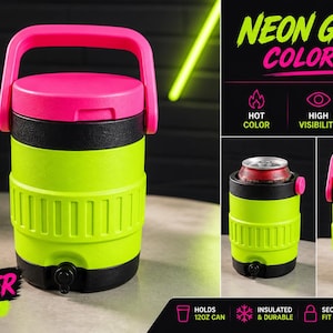 May include: Neon green and pink insulated can cooler with a handle. The cooler has a black band and a black base. The text on the image says "Neon Green Colorway", "Scroll Stopper Colorway", and "Holds 12oz Can".