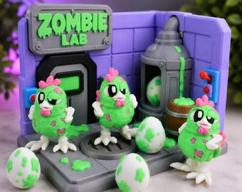 Zombie Chicken Lab Diorama | Articulated Chickens, Spooky Halloween Desk Decor (3D Printed)
