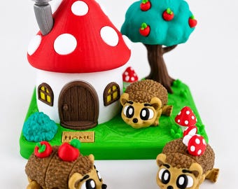 3D Printed Hedgehog Mushroom House Diorama: Articulated Hedgehogs, Woodland Playset, Desk Decor