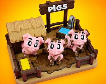 Articulated Pig Farm Mini Diorama: 3D Printed Muddy Pigs Desk Decor