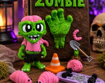 3D Printed Zombie Book Playset | Articulated Figure, Mini Accessories (Halloween Toy)
