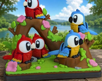 Articulated Macaw Bird Mini Diorama: 3D Printed Tropical Parrot Display, Desk Decor