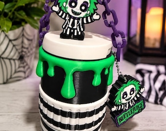 Spooky Black and White Striped 12 oz Can Cooler with Straw Topper & Tab Opener Keychain | 3D Printed Halloween Can Holder