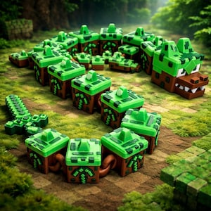 May include: A collection of green and brown block-shaped toys, arranged in a circle and a sword. The toys have a pixelated design, with green tops and brown sides. One toy is shaped like a crocodile head. The scene is set outdoors on a grassy surface.