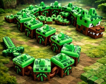 Articulated Grass Block Voxel Dragon: 3D Printed Pixel Fantasy Creature, Gaming Collectible