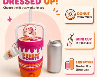 Donut Shop Can Cooler | Standard or Skinny 12 oz Can Holder | Drink Carrier with Handle | Straw Topper & Keychain | 3D Printed Gift