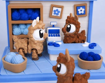 Alpaca Yarn Shop Diorama | 3D Printed Miniature Yarn Store | Flexi Llama Fidget Set | Cute Craft Room Decor | Alpaca Gift