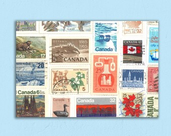 May include: A collection of vintage Canadian postage stamps featuring various designs, including a white trillium flower, a beaver, a lighthouse, and a Canadian flag. The stamps are arranged in a grid pattern and have different denominations, including 5 cents, 10 cents, 20 cents, 25 cents, and 32 cents.