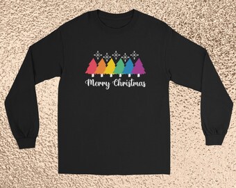 Rainbow Trees "Merry Christmas" LONG SLEEVE TEE | Holiday lgbtq Apparel | Holiday Pride Clothing | lgbtq Christmas Gift | Gay Christmas Gift