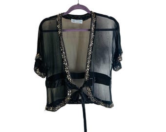 Veste en mousseline transparente ornée de soie moyenne pour femmes de l'an 2000 Fairy Whimsigoth, haut orné pour femme, veste vintage en soie transparente, haut Whimsigoth