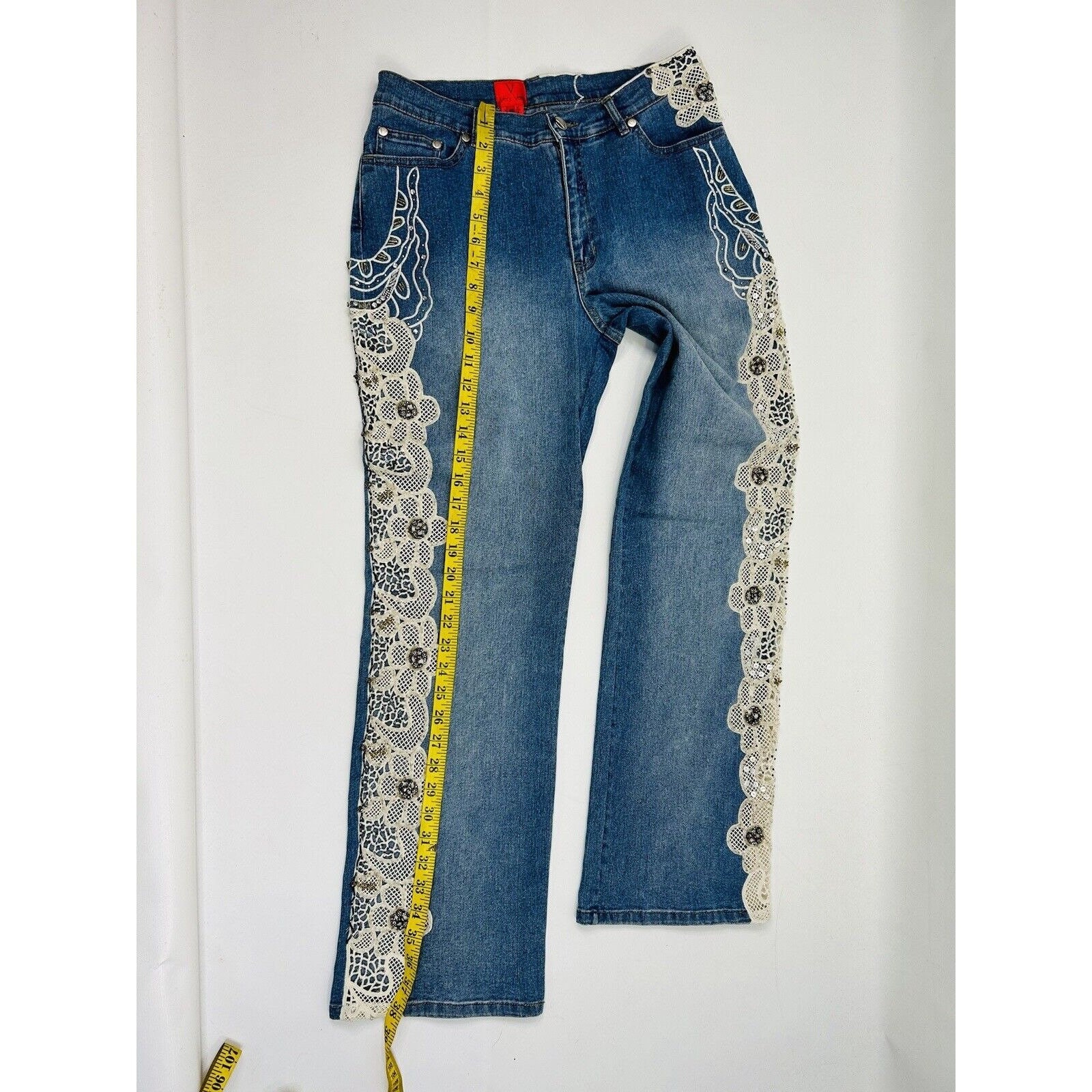 Y2K Womens 8 Embellished Thick Stitched Lace Faded Straight Leg 