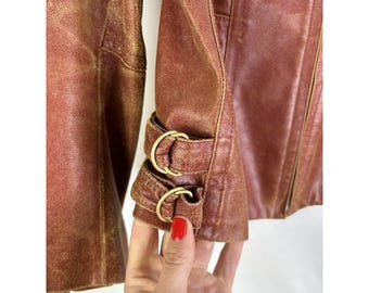 Y2K DKNY Womens 10 Leather Distressed Faded Zip Jacket Moto