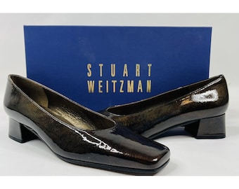 Y2K Stuart Weitzman Décolleté da donna con tacco a punta quadrata in pelle verniciata 7AA Marrone, Décolleté con tacco a punta quadrata Stuart Weitzman, Y2K Tacchi a punta quadrata