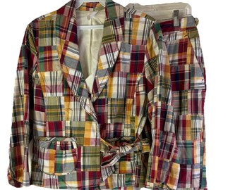 Y2K Regenbogen Madras Plaid Blazer Shorts Set Preppy Damen Large 10, Damen Madras Plaid Anzug, Y2K Shorts Anzug, Preppy Anzug