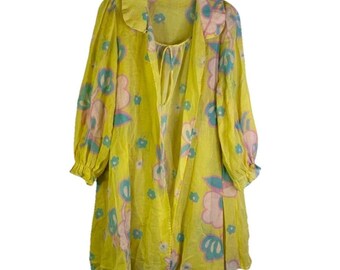 Conjunto de camisón/peignoir de mujer estilo rockabilly mod de los años 50 con estampado floral en tonos pastel, conjunto de peignoir vintage, pijama floral para mujer, camisón de los años 50.