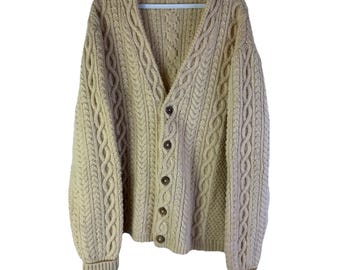 70s Handmade Hand Knit Cable Knit Fisherman Cardigan Sweater Mens XL, Mens Knit Sweater, Vintage Fisherman Sweater, Handmade Sweater