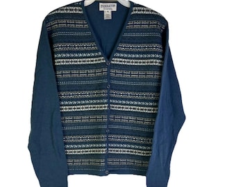 Suéter cardigan de malha Fair Isle de lã merino média Pendleton feminino dos anos 90, suéter cardigan feminino Pendleton, suéter de malha feminino, lã