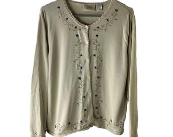 90s Womens XL Silk Knit Floral Embroidered Cardigan Sweater Cottagecore, Womens Knit Sweater, Cottagecore Floral Sweater, Silk Knit Sweater