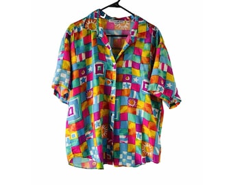 Jaren '80 Womens Grote Gauzy Silk Artsy Picasso Baggy Button Shirt Streetwear, Womens Silk Blouse, Vintage Rainbow Button Shirt, Baggy Shirt