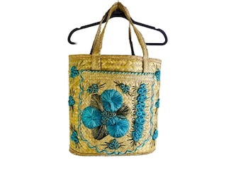 Jaren 70 raffia stro bloemen geweven rieten emmer strandtas portemonnee Coastal Boho, vintage raffia stro portemonnee, rieten strandtas, draagtas jaren 1970