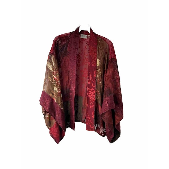 90s Womens Small Silk Floral Burnout Velvet Kimono