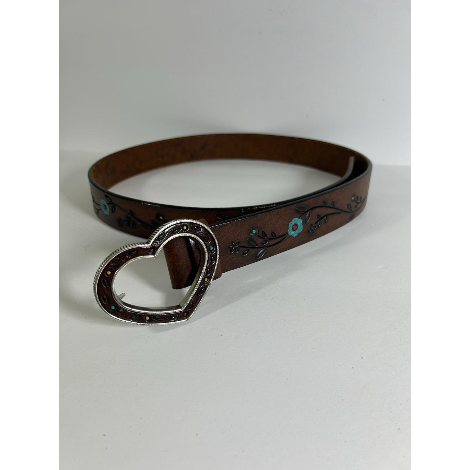 Vintage Tooled Leather Belt Floral Embossed Brass Buckle Medium