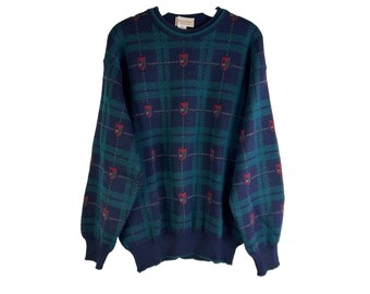 Maglione girocollo in maglia scozzese di lana vergine da uomo anni '90, streetwear da papà, maglione da uomo, maglione in maglia di lana vintage, maglione da papà