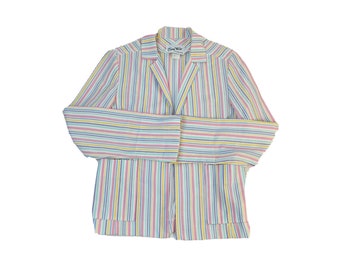 80s Womens Medium Rainbow Pastel Stripe Lightweight Open Blazer Jacket USA, Womens Lightweight Jacket, Vintage Open Blazer, Rainbow Jacket