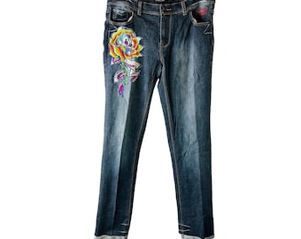Vaqueros con dobladillo adornado con calavera y rosa de Ed Hardy Y2K para hombre, talla 32, vaqueros Ed Hardy, vaqueros adornados para hombre, vaqueros Y2K para hombre