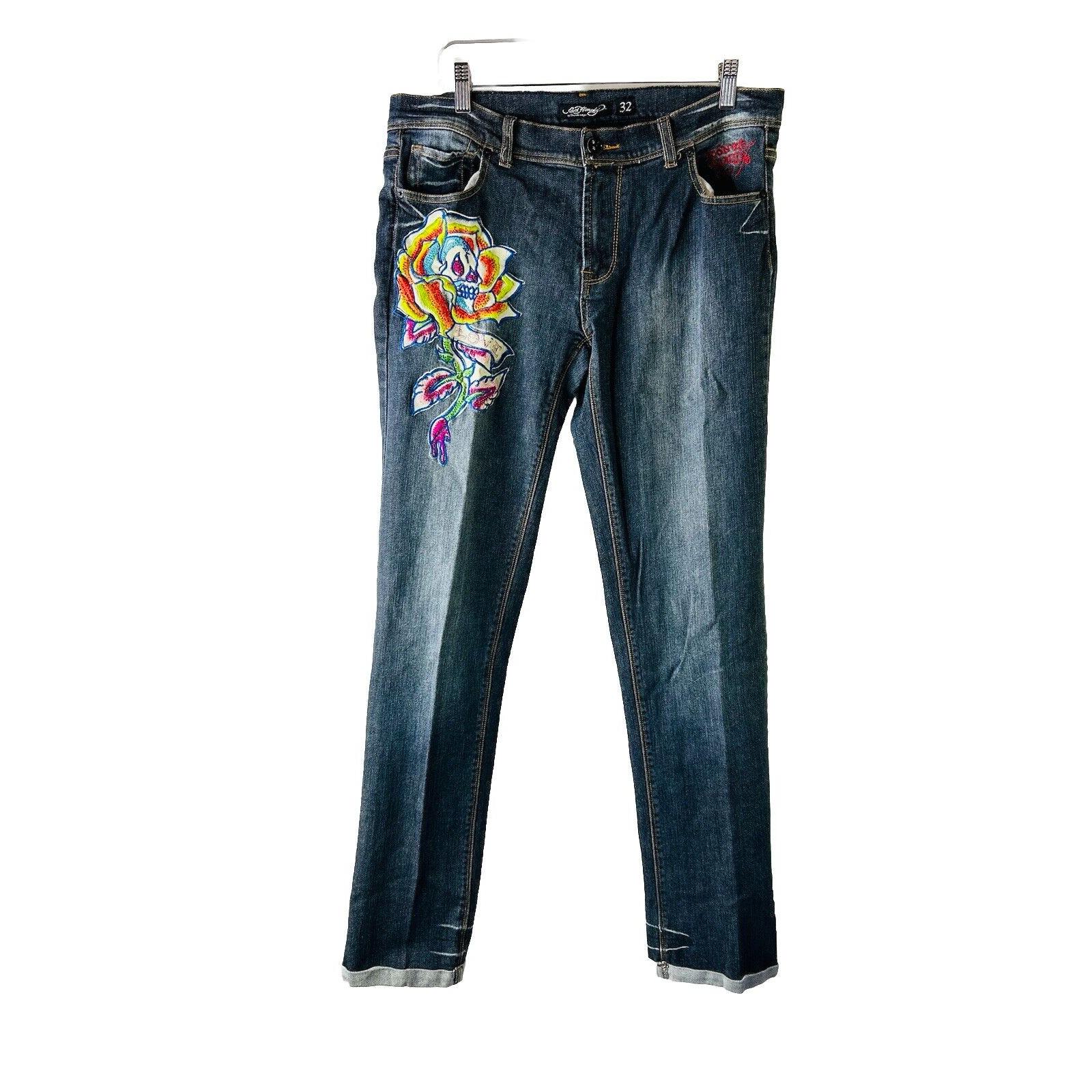 Y2K Ed Hardy Spell Out Skull Rose Embellished Cuffed Jeans Mens 32