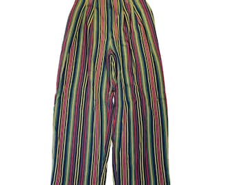 May include: Wide-leg pants with a striped pattern in shades of yellow, green, red, and black.