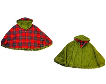 VTG 50s Women's One Size Plaid Chenille Pom Pom Reversible Poncho Cape Coat, Vintage Chenille Coat, 1950s Poncho Cape, Womens Plaid Jacket