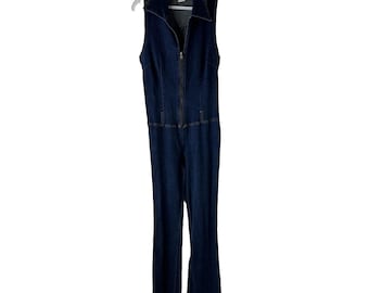 Mono vaquero acampanado con cuello y cuello para mujer, estilo Y2K, fabricado en EE. UU., estilo rave grunge. Mono vaquero para mujer, mono acampanado vintage, mono Y2K.