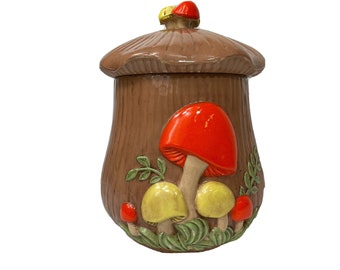 70s Mid Century Modern Large Ceramic Merry Mushroom Kitchen Canister Jar, VTG Merry Mushroom Canister, Mid Century Modern Kitchen Canister