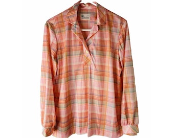 70s Womens Large Rainbow Plaid Collared Button Henley Shirt Disco Hippy, Womens Plaid Blouse, Vintage Disco Shirt, 1970s Womens Shirt