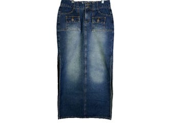 Y2K Juniors 3 Spódnica maxi z wyblakłym denim z rozcięciem po bokach Streetwear, Spódnica jeansowa damska, Spódnica maxi vintage denim, Spódnica damska Y2K
