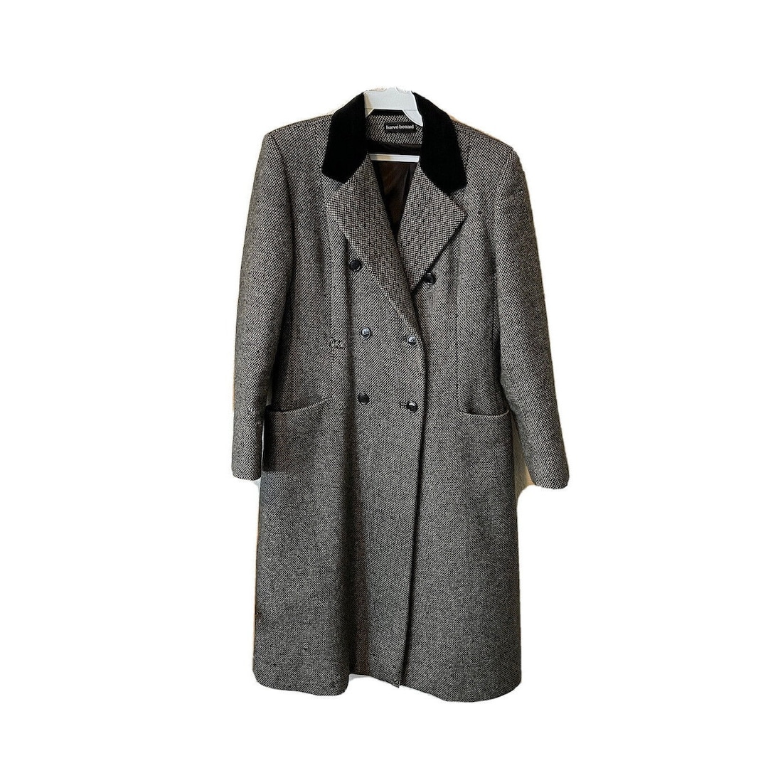 80s Womens 10 Wool Tweed Velour Collar Double Breast Trench Coat