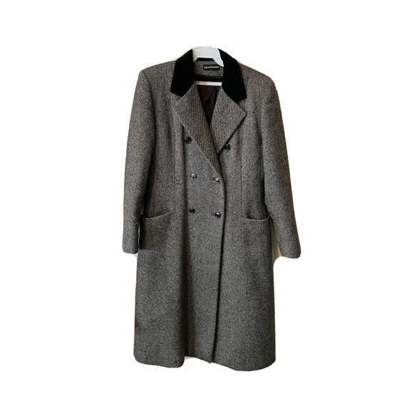 80s Womens 10 Wool Tweed Velour Collar Double Breast Trench Coat