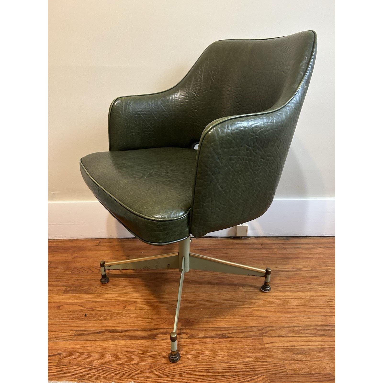 70s MCM Avocado Green Faux Leather Swivel Office Dining Chair Gold