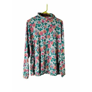 90s Womens Large Country Rose Floral Turtleneck T Shirt Blouse Streetwear, Womens Floral Blouse, Vintage Turtleneck Shirt, Cottagecore Shirt