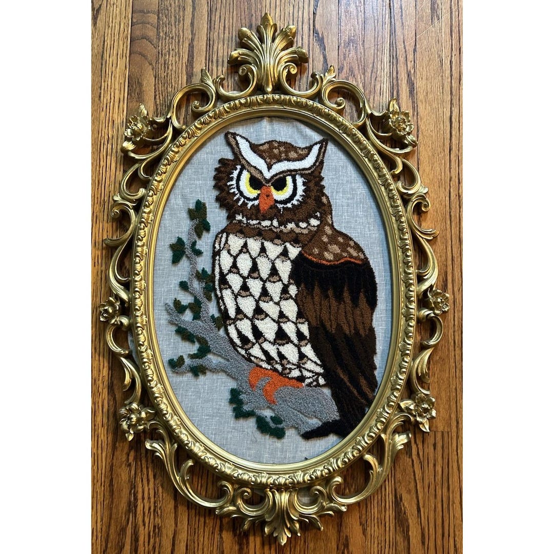 70s HOMCO Ornate Gold Resin Frame Handmade Owl Shag Cross Stitch Wall ...