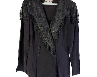 Blazer femme années 80, taille 12, franges, pompons et perles, style western noir, fabriqué aux États-Unis. Blazer femme années 80, veste à franges vintage, veste western.