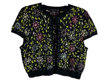 Y2K Womens XL arc-en-ciel floral surpiqué cardigan pull fée, pull cardigan en tricot pour femme, pull orné vintage