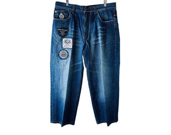 Y2K heren 36 baggy patchwork vervaagde denimblauwe jeans skater hiphop JNCO, Y2K baggy herenjeans, vintage patchworkjeans, hiphopjeans