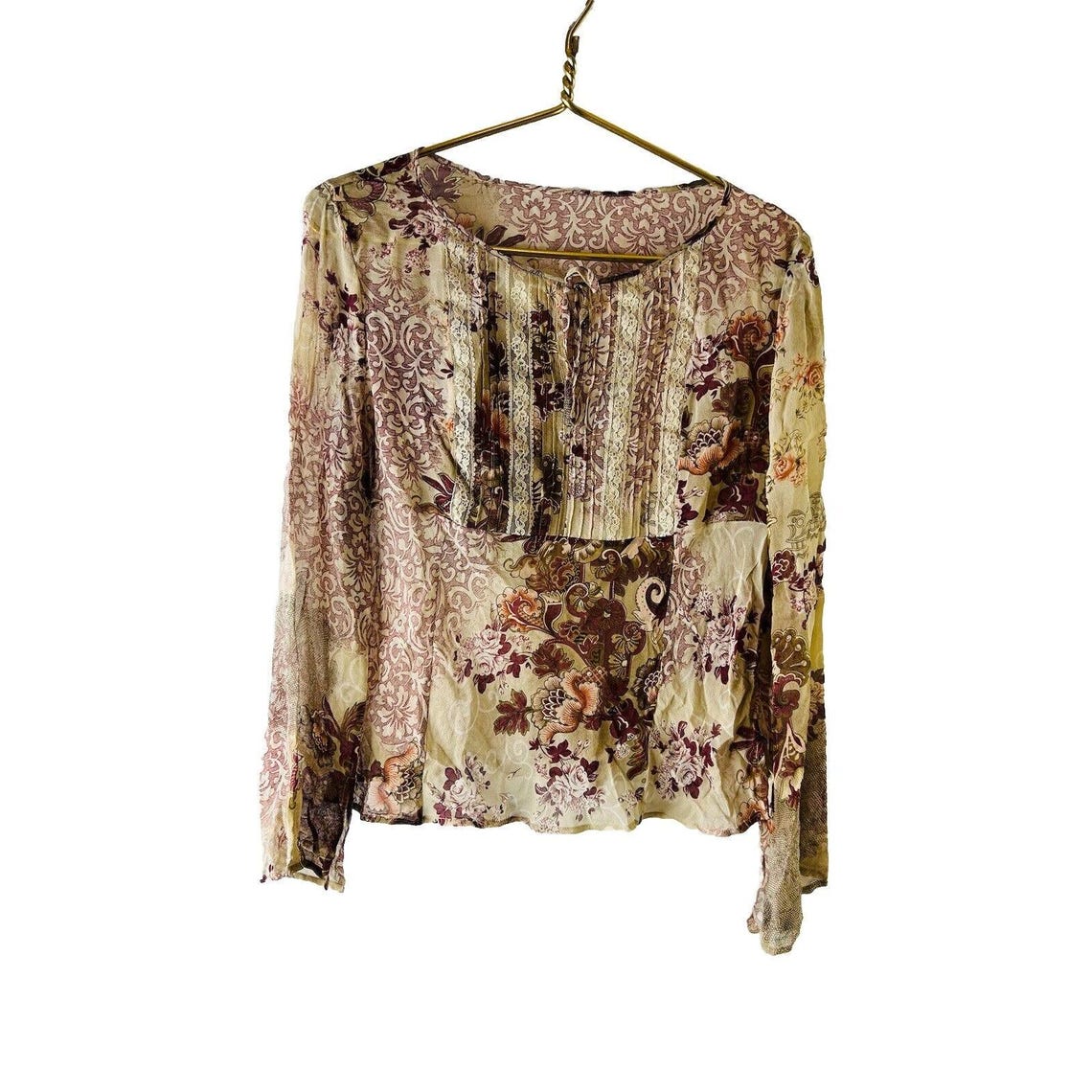 Y2K Womens Small Silk Patchwork Floral Sheer Blouse Shirt Fairy Earthy, Womens Silk Blouse, Vintage Patchwork Blouse, Fairy Blouse, foto 1 di 5